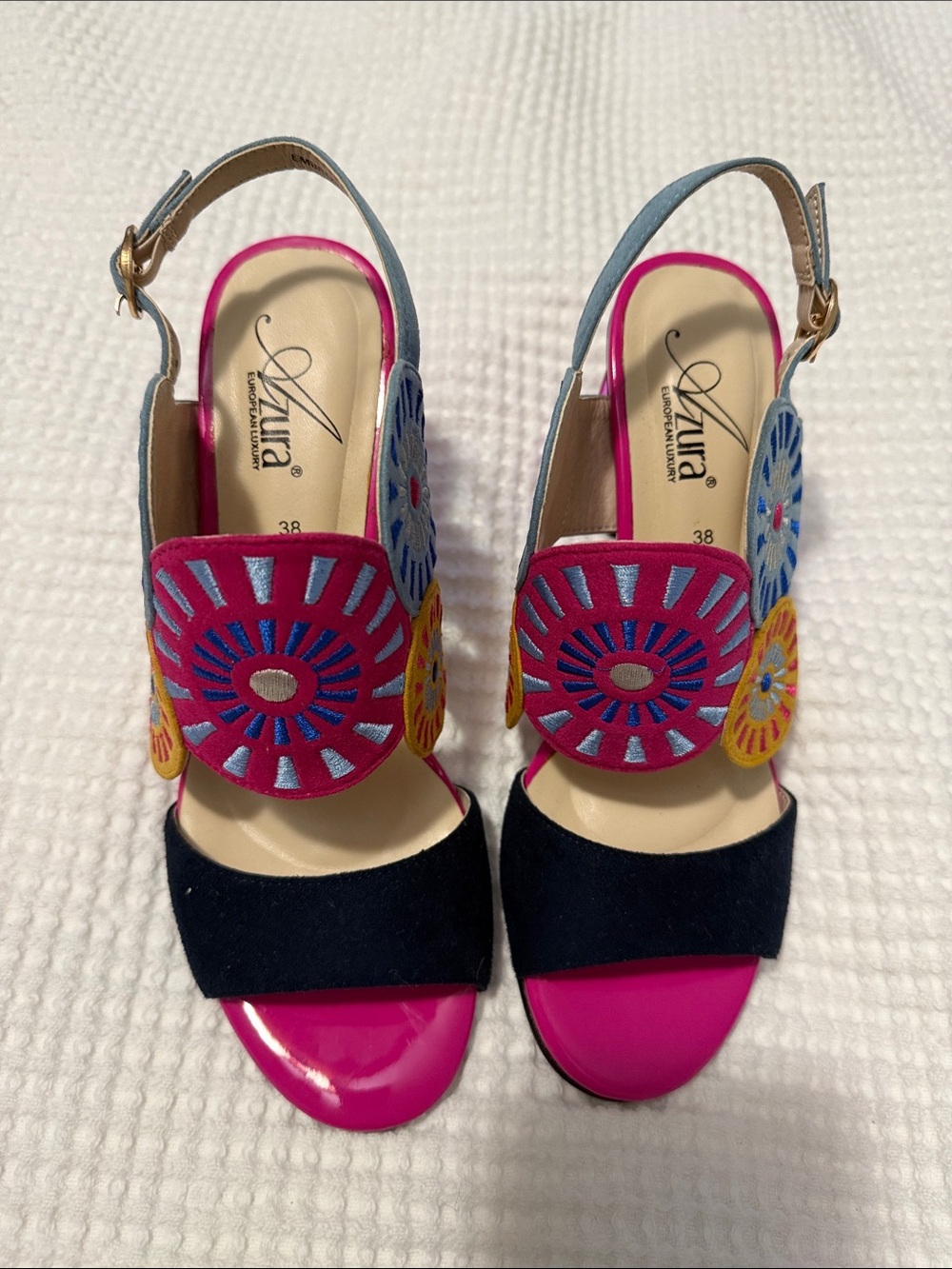 Azura Pink & Blue Embroidered Slingback Heels